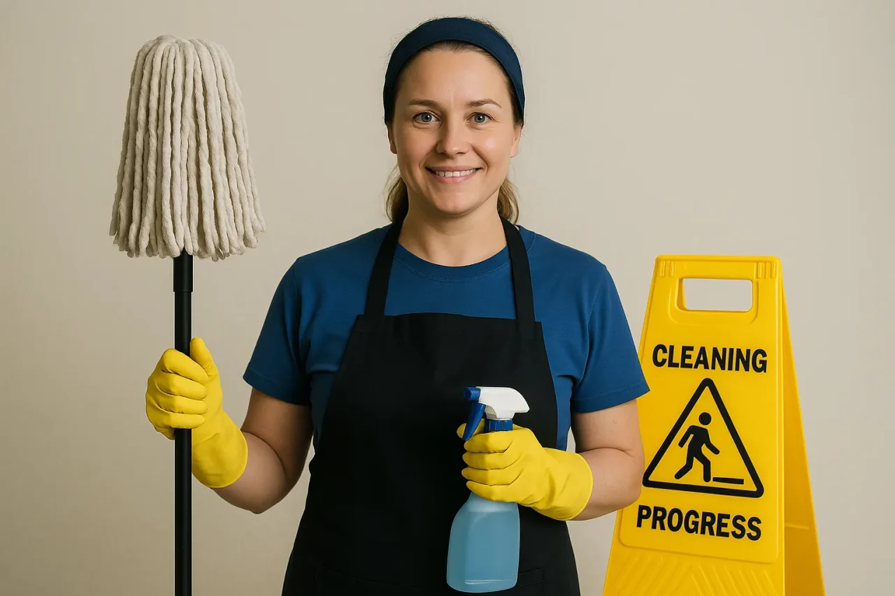 Freundliche Reinigungskraft in Arbeitskleidung mit Wischmopp und Sprayflasche vor gelbem Warnschild ‚Cleaning in Progress‘.
