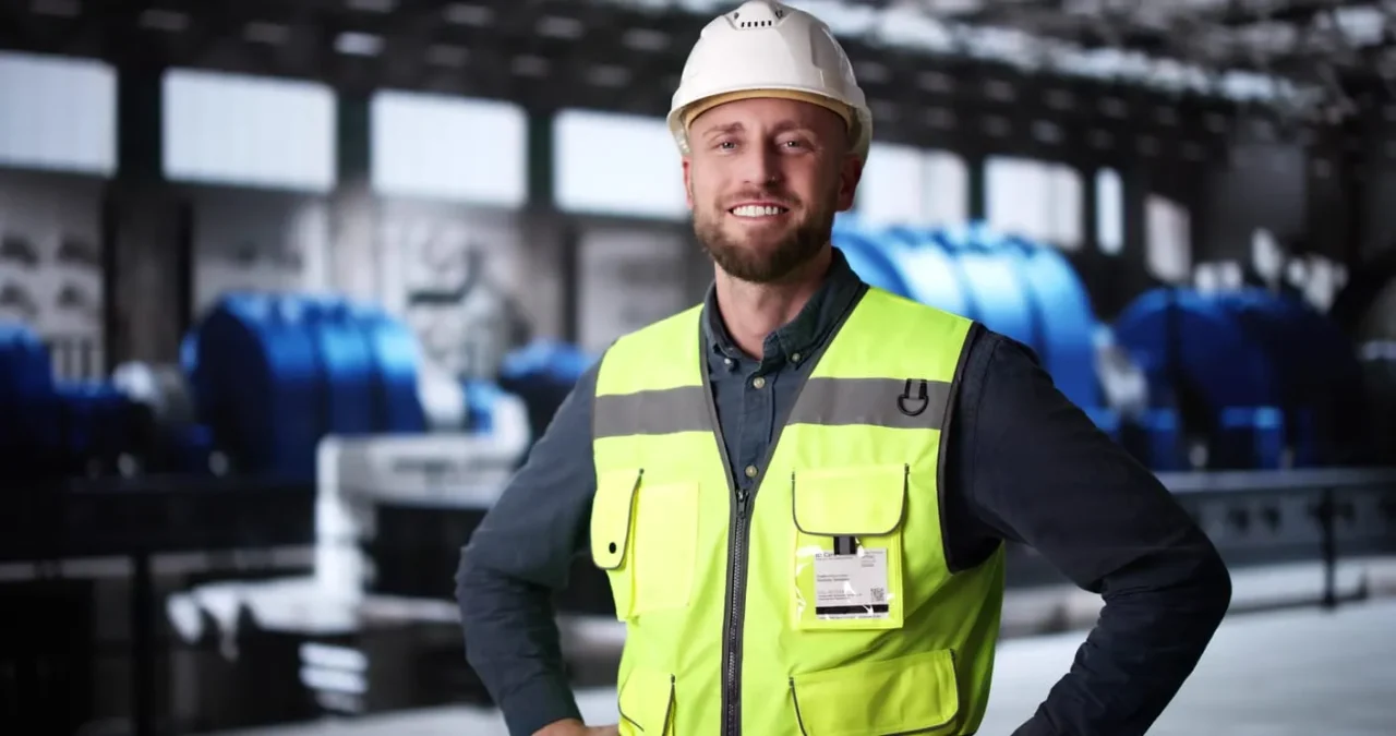 Mann mit Schutzhelm und Warnweste steht lächelnd in moderner Industriehalle; im Hintergrund große blaue Maschinen und Hallenbeleuchtung