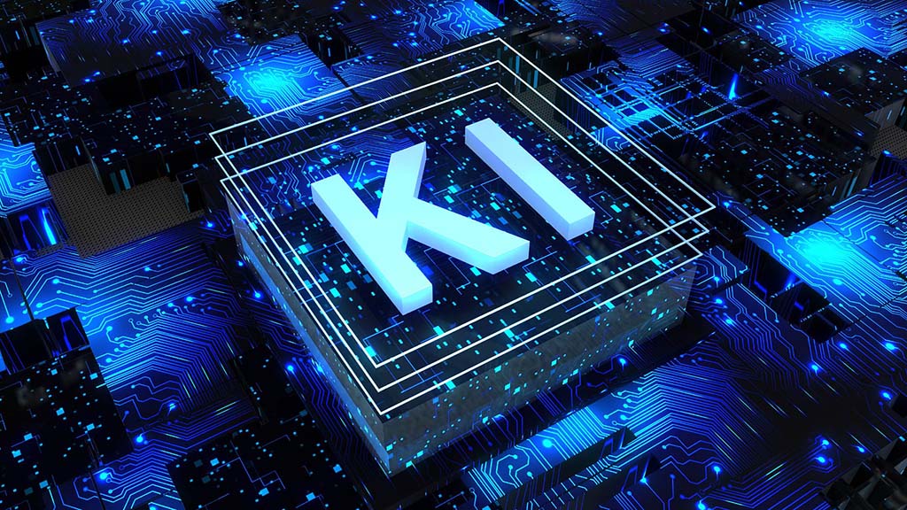 3D-Darstellung mit leuchtendem Schriftzug KI auf einem Mikrochip inmitten blauer Leiterbahnen – Symbolbild für Künstliche Intelligenz und digitale Technologien.