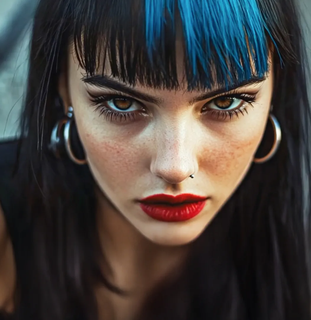Frau mit schwarzen Haaren und blauer Strähne, frontal in die Kamera blickend.