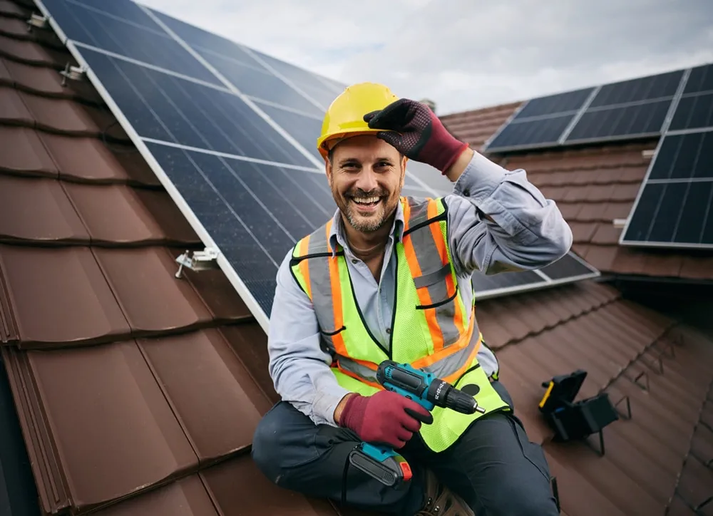 Dachdecker mit gelbem Helm und Bohrmaschine in der Hand sitzt lächelnd auf einem Dach mit braunen Ziegeln und Solarpanelen.
