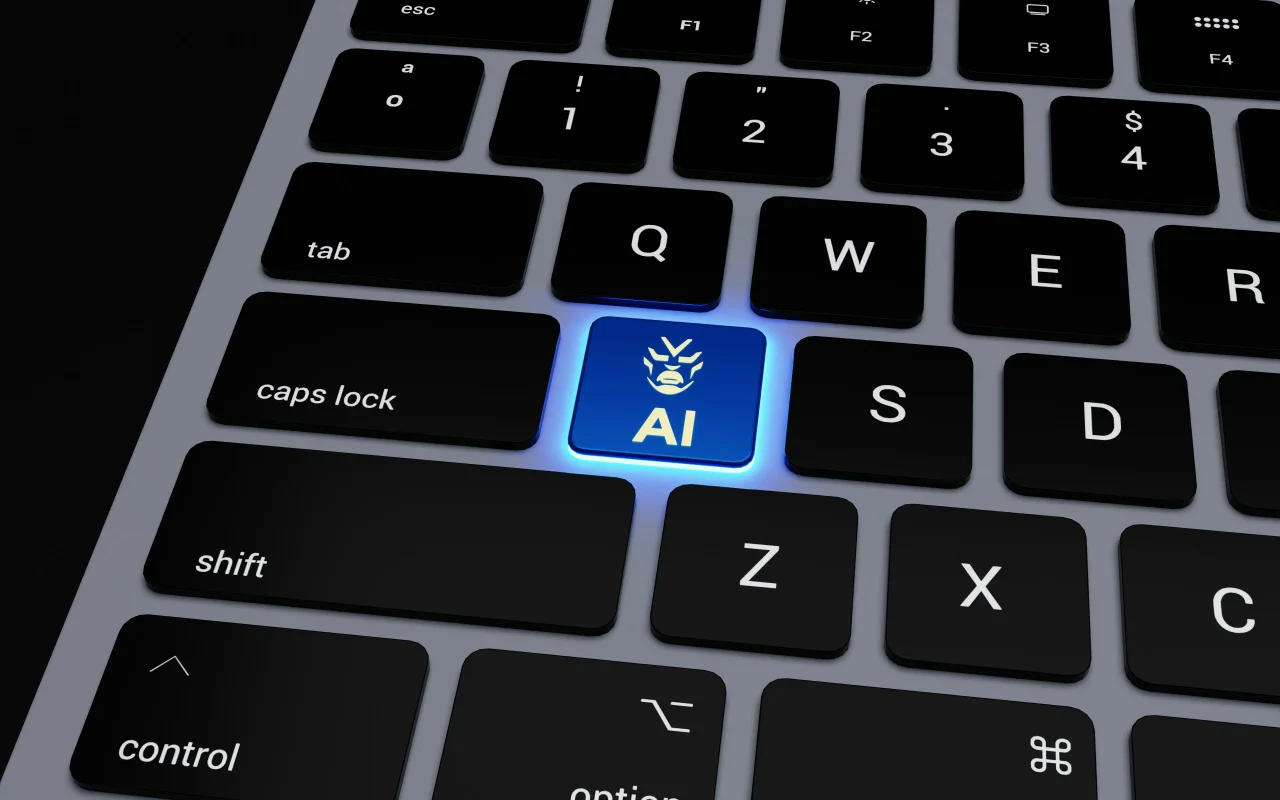 Silberne Laptop-Tastatur mit schwarzen Tasten und einer blauen Taste mit Aufschrift AI