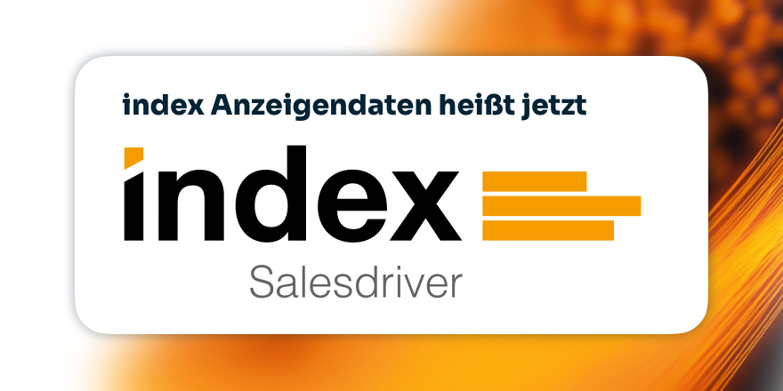 Grafik mit Aufschrift index Anzeigendaten heißt jetzt index Salesdriver auf weißer Fläche und orangenem Hintergrund
